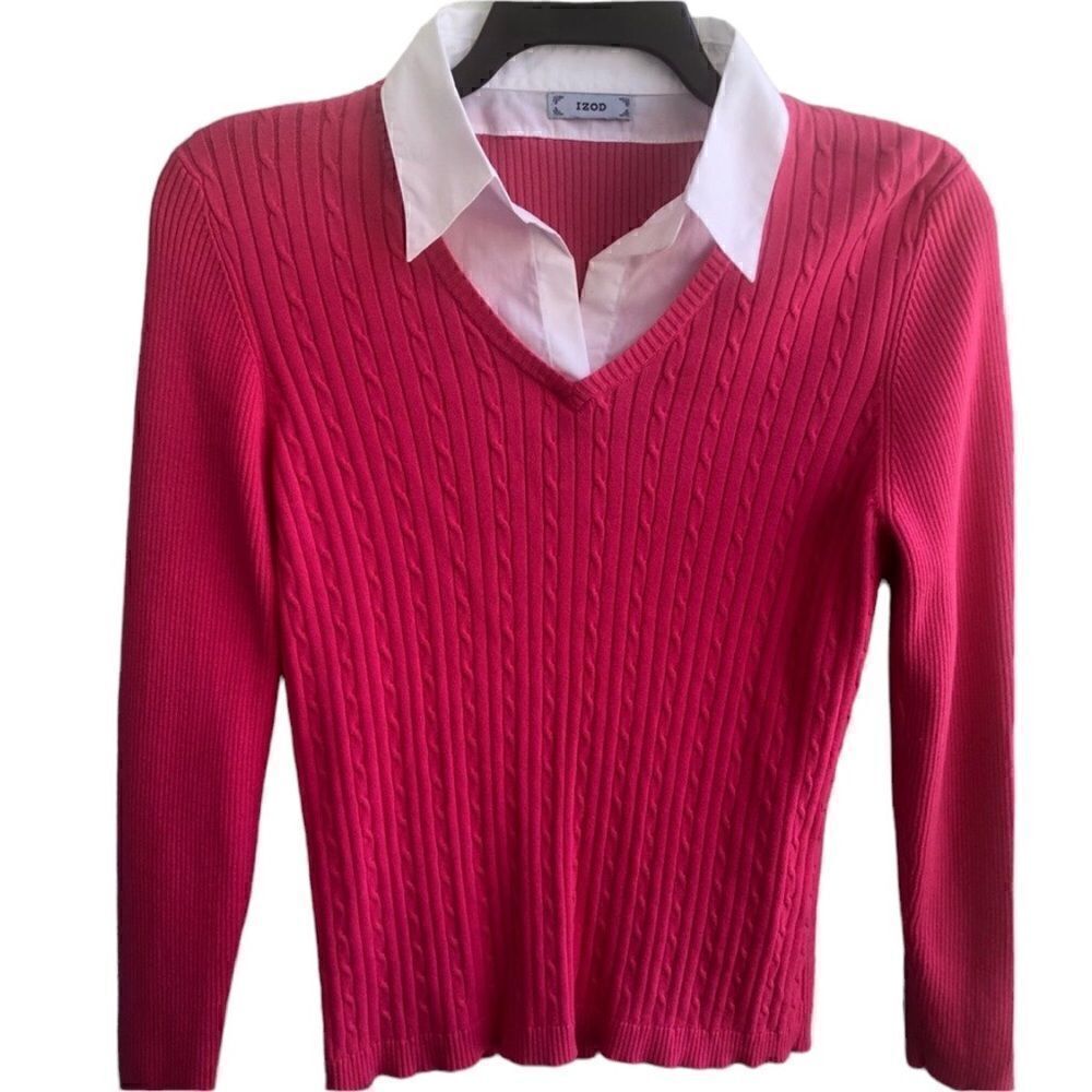 IZOD Small Women’s Preppy Fuchsia Pink Sweater With Connected Upper Whit… - Picture 2 of 3